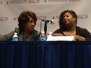 Nkechi Taifa shares a moment with Congresswoman Maxine Waters at panel on mandatory minimum sentences during the Congressional Black Caucus Foundation’s annual convening        